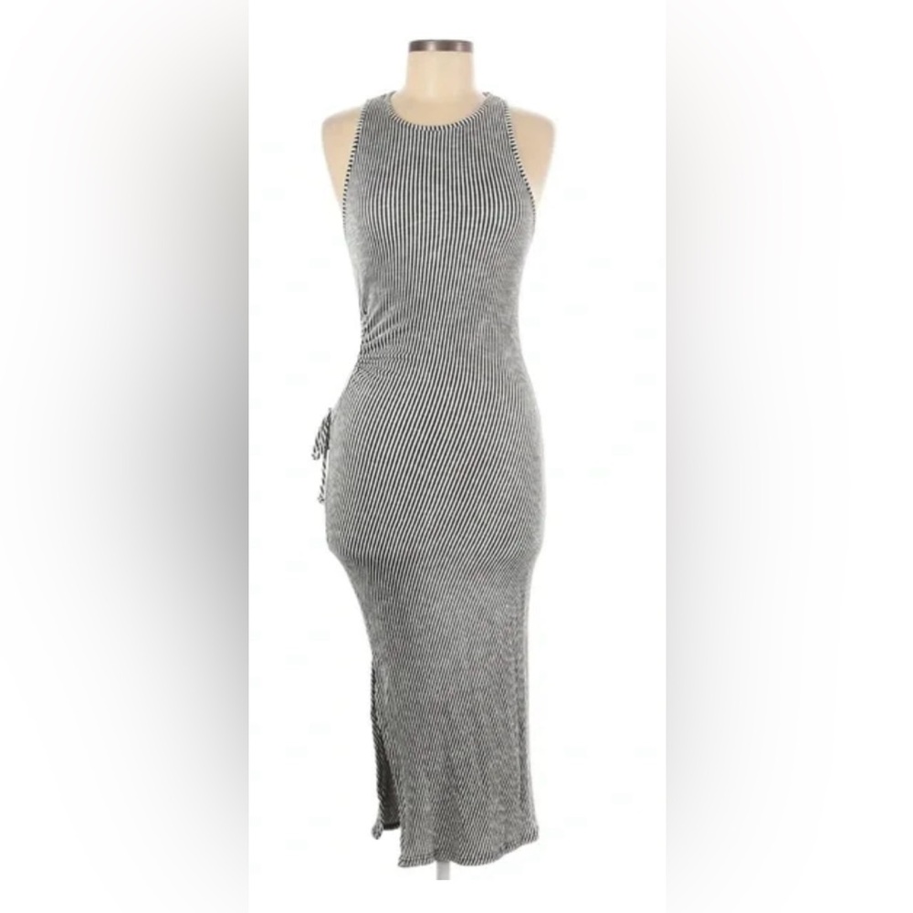 Caution To The Wind Tan/White Striped Ribbed Bodycon Midi Dress